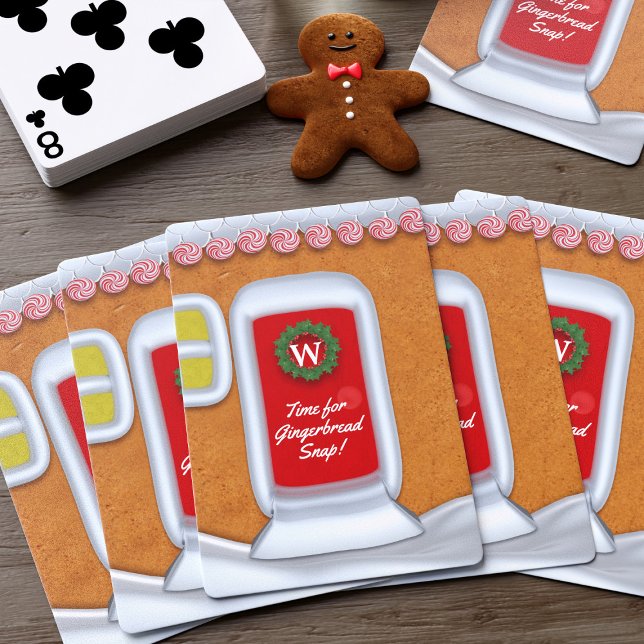 Cute Christmas Gingerbread House Monogrammed Playing Cards (Time for gingerbread snap! A fun stocking stuffer gift. Just add your initial)