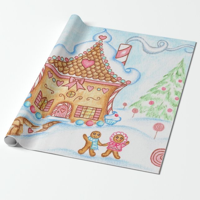 Cute Christmas Gingerbread House Wrapping Paper (Unrolled)