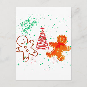 Cute Christmas Gingerbread Man and Tree Pattern. Holiday Postcard