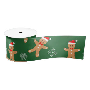 Cute Christmas Gingerbread Men on Green Satin Ribbon