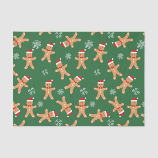 Cute Christmas Gingerbread Men on Green  Tissue Paper (Front)