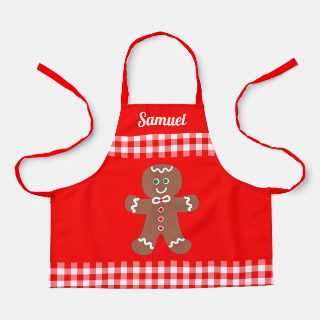 Cute Christmas Gingerbread Red Gingham Add Name Apron (Front)