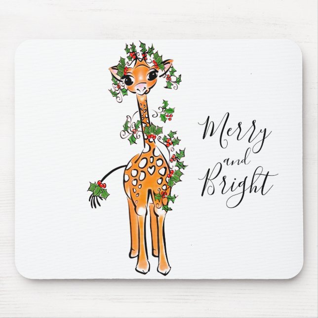 Cute Christmas giraffe drawing red green garland Mouse Mat (Front)
