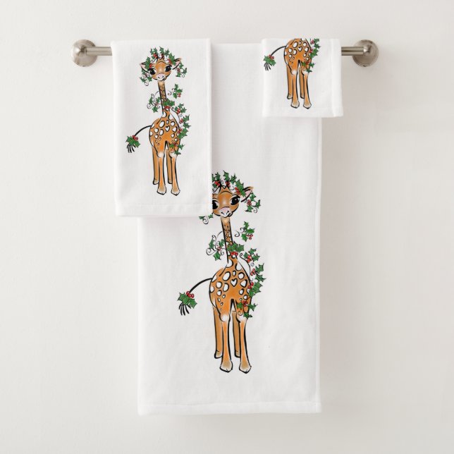 Cute Christmas Giraffe Holly Garland Bath Towel Set (Insitu)