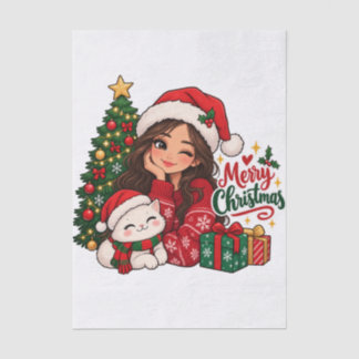 Cute Christmas Girl and Cat Cosy Holiday Tissue Paper