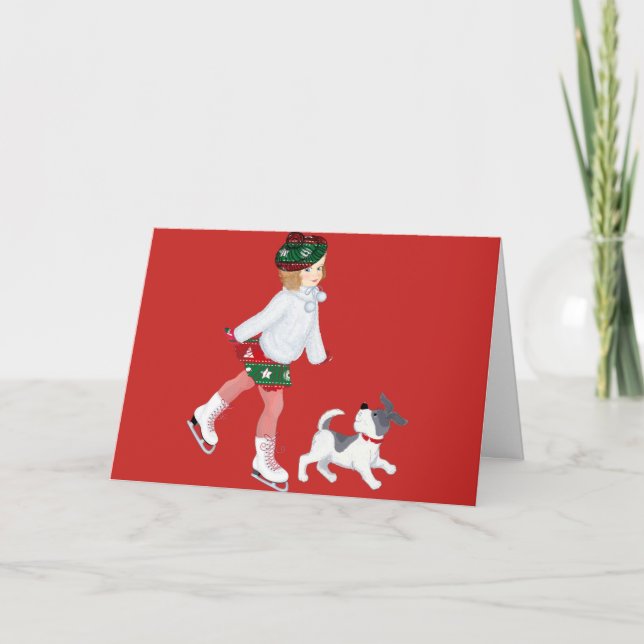Cute Christmas Girl & Dog Card (Front)