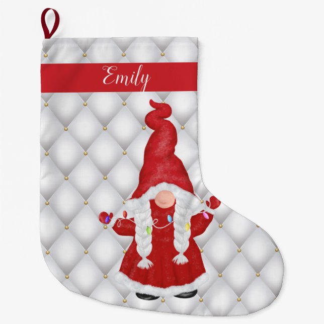 Cute Christmas Girl Gnome Personalised Large Christmas Stocking (Front)