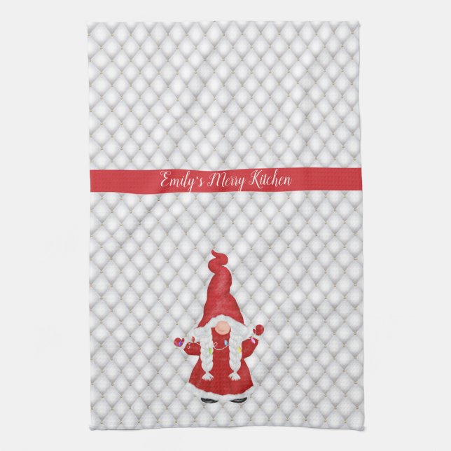 Cute Christmas Girl Gnome Personalised  Tea Towel (Vertical)