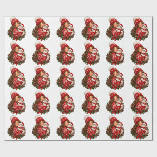 Cute Christmas Girl & Kitten Santa Hat Holly Wrapping Paper