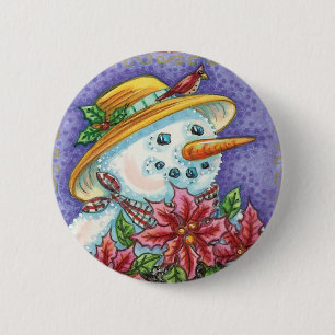 Cute Christmas Girl Snowman with Poinsettia 6 Cm Round Badge