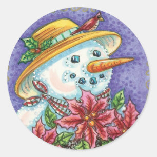 Cute Christmas Girl Snowman with Poinsettia Classic Round Sticker