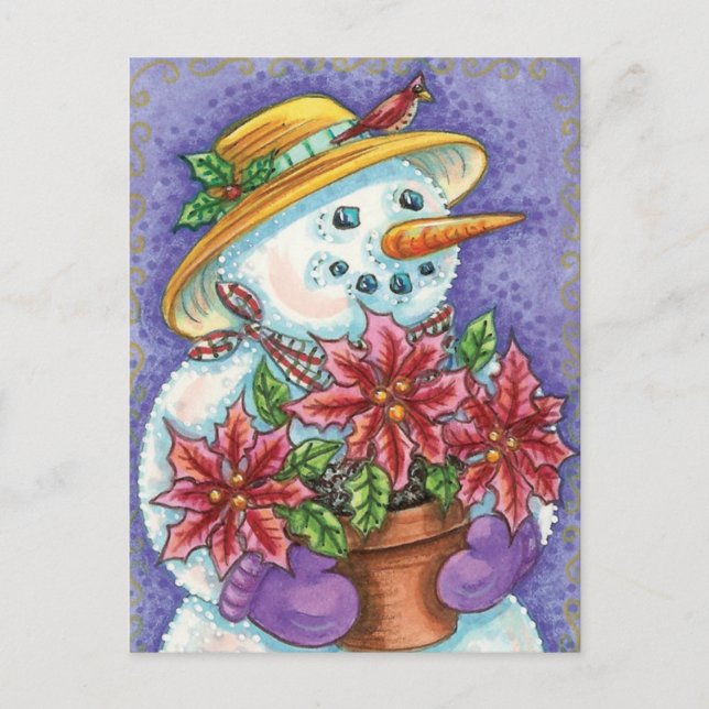 Cute Christmas Girl Snowman with Poinsettia Holiday Postcard (Front)