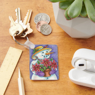 Cute Christmas Girl Snowman with Poinsettia Key Ring