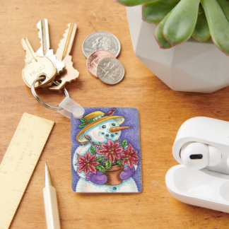Cute Christmas Girl Snowman with Poinsettia Key Ring