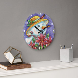 Cute Christmas Girl Snowman with Poinsettia Large Clock