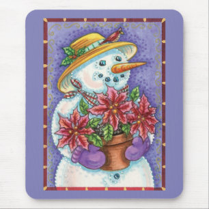Cute Christmas Girl Snowman with Poinsettia Mouse Mat