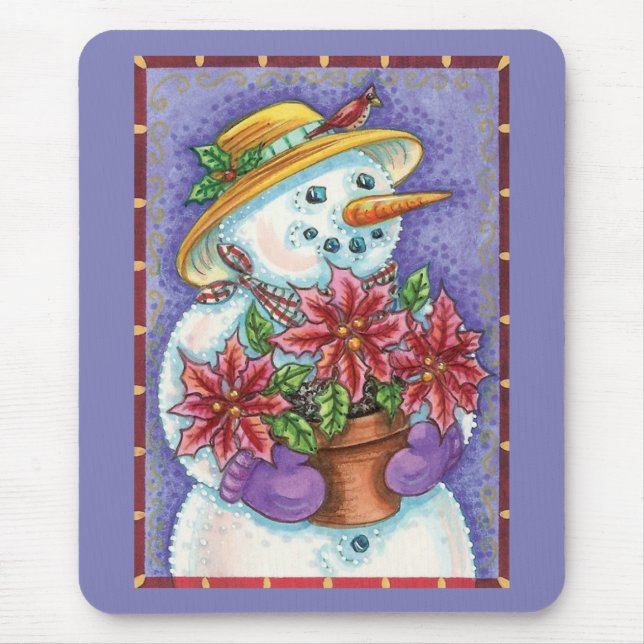 Cute Christmas Girl Snowman with Poinsettia Mouse Mat (Front)