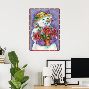 Cute Christmas Girl Snowman with Poinsettia Poster
