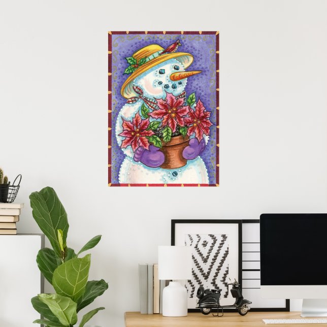Cute Christmas Girl Snowman with Poinsettia Poster (Home Office)