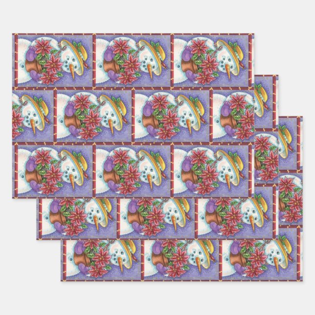 Cute Christmas Girl Snowman with Poinsettia Wrapping Paper Sheet (Set)