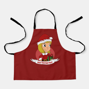 Cute Christmas girl with a present - cartoon Apron