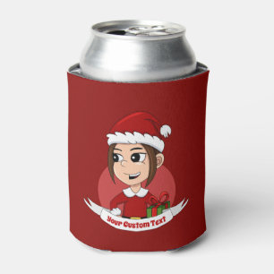 Cute Christmas girl with brown hair Can Cooler