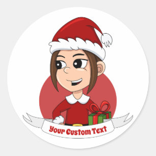 Cute Christmas girl with brown hair Classic Round Sticker