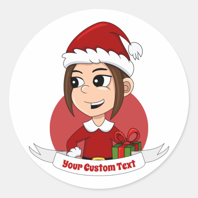 Cute Christmas girl with brown hair Classic Round Sticker (Front)