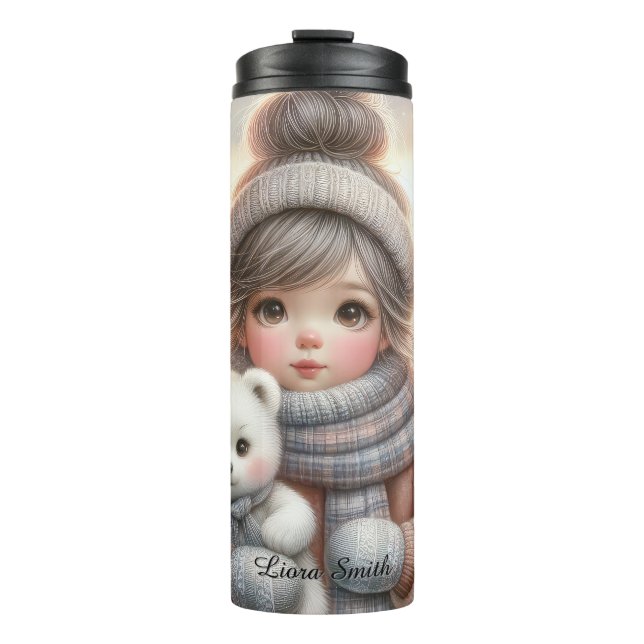 Cute Christmas Girl with Polar Teddy Bear, Thermo Thermal Tumbler (Front)
