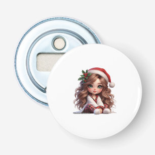 Cute Christmas Girl with Santa Hat Art Bottle Opener