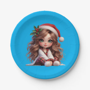 Cute Christmas Girl with Santa Hat Art Paper Plate