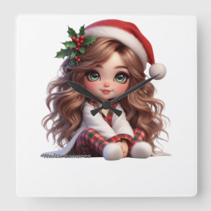 Cute Christmas Girl with Santa Hat Art Square Wall Clock
