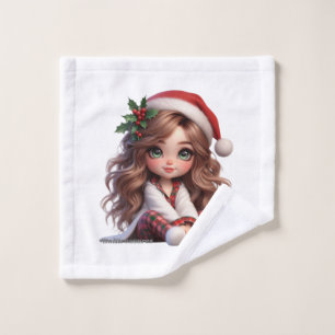 Cute Christmas Girl with Santa Hat Art Wash Cloth