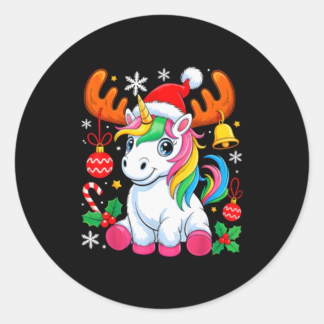 Cute Christmas Girls Women Xmas Unicorn Deer Xmas  Classic Round Sticker (Front)