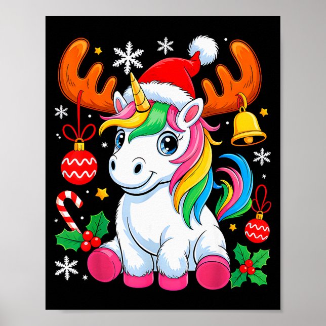 Cute Christmas Girls Women Xmas Unicorn Deer Xmas  Poster (Front)