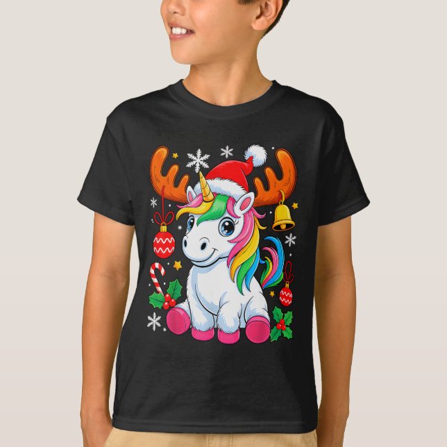 Cute Christmas Girls Women Xmas Unicorn Deer Xmas  T-Shirt (Front)