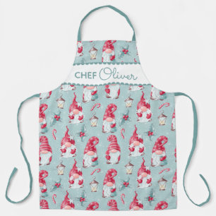Cute Christmas Gnome Baking Chef Custom Name Apron