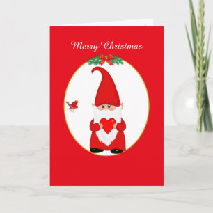 Cute Christmas Gnome  & Bird on Red & White Holiday Card