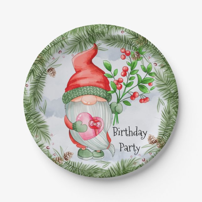 Cute Christmas Gnome Birthday Party Paper Plate (Front)