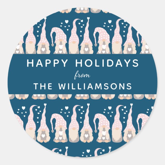 Cute Christmas Gnome Family Blue Personalised Classic Round Sticker (Front)