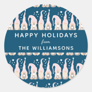 Cute Christmas Gnome Family Blue Personalised Classic Round Sticker