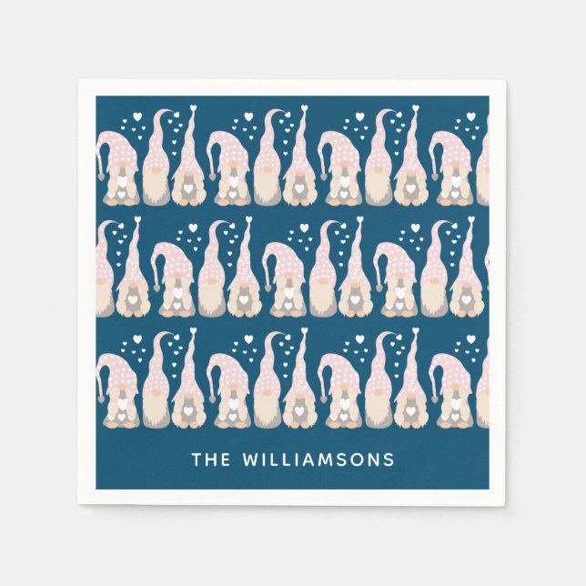 Cute Christmas Gnome Family Blue Personalised Napkin (Front)