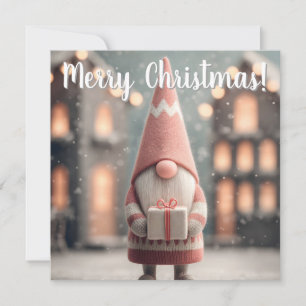 Cute Christmas Gnome Holding a Gift Box Holiday Card