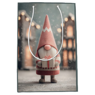 Cute Christmas Gnome Holding a Gift Box Medium Gift Bag