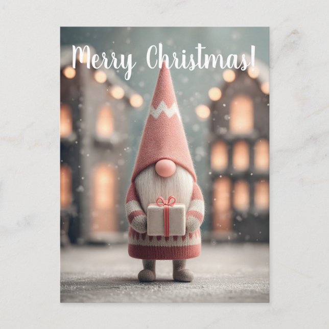 Cute Christmas Gnome Holding a Gift Box Postcard (Front)