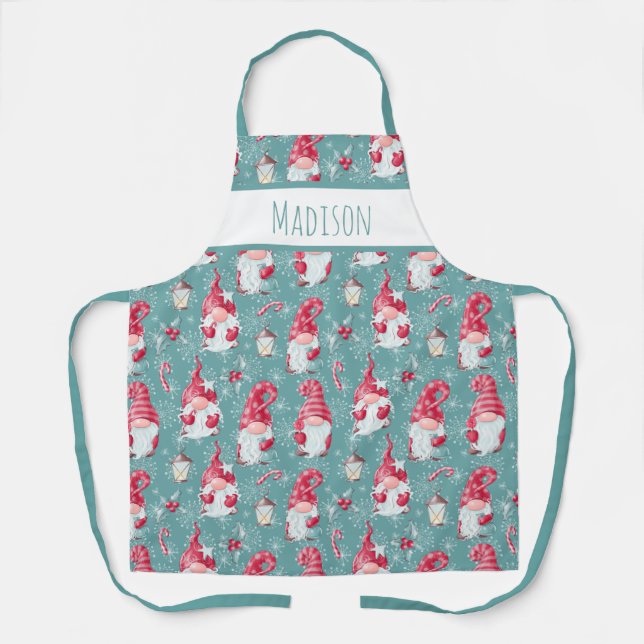 Cute Christmas Gnome Holiday Baking Custom Name Apron (Front)