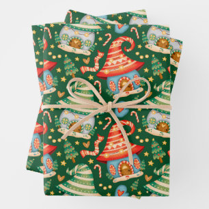 Cute Christmas Gnome Houses and Candy Canes Wrapping Paper Sheet
