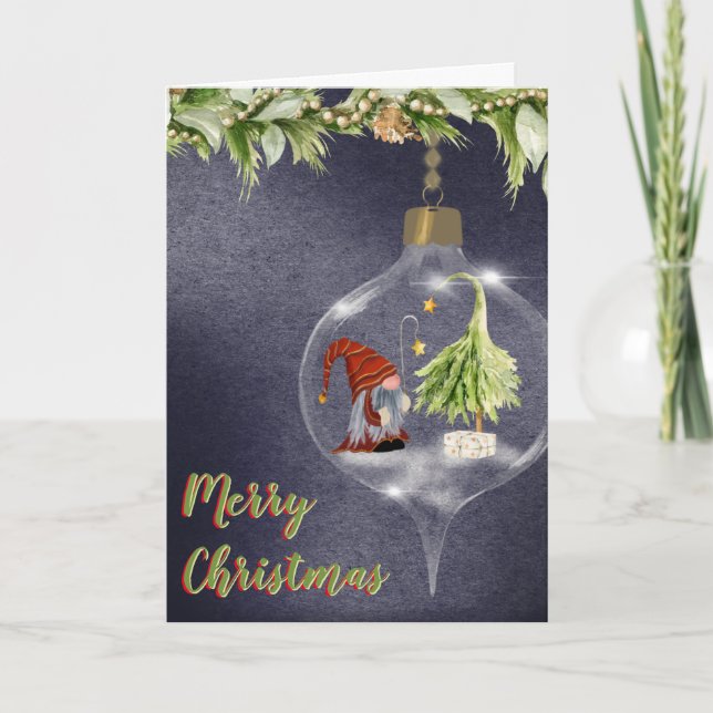 Cute Christmas Gnome in a Bulb  Holiday Card (Front)