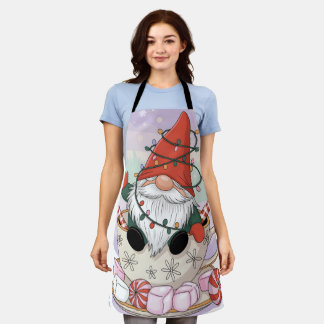 Cute Christmas Gnome in a Teacup Cartoon Apron
