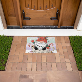 Cute Christmas Gnome in a Teacup Cartoon Doormat